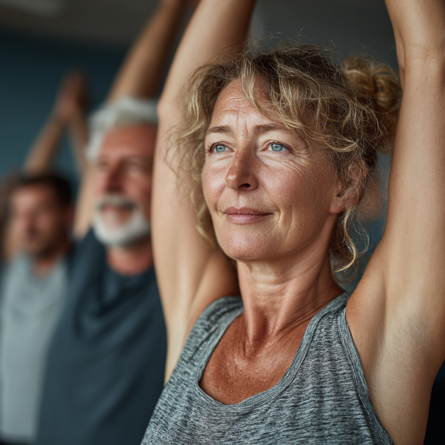 Група възрастни хора правят леки упражнения